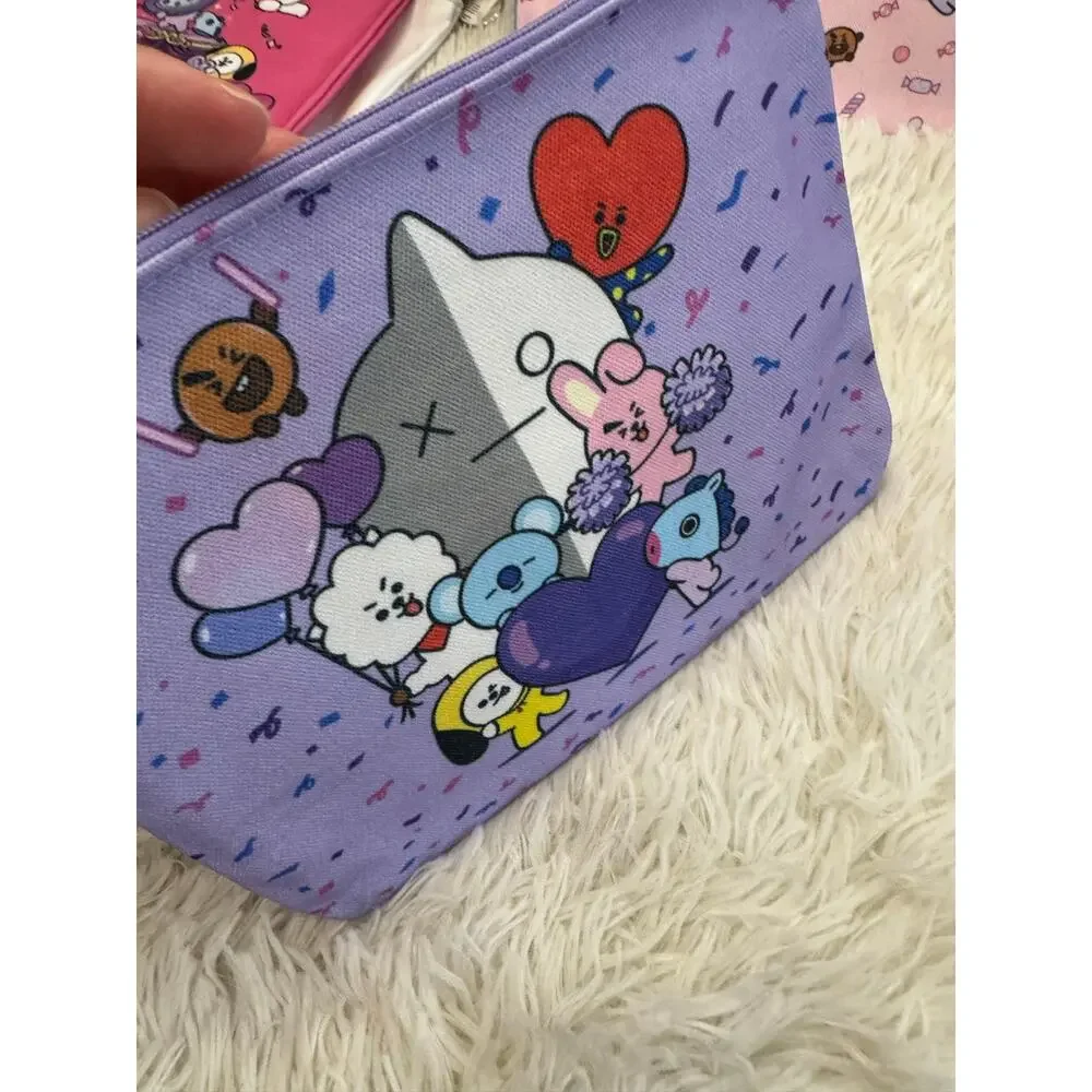 Purple BT21 pencil/make up pouch cartoon characters and hearts K-pop keychain